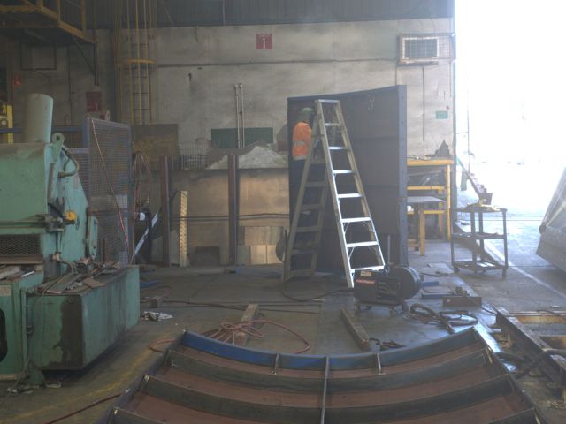 Custom pumpwell formwork for sewage. Fabricated steel part on fabricators shop floor.