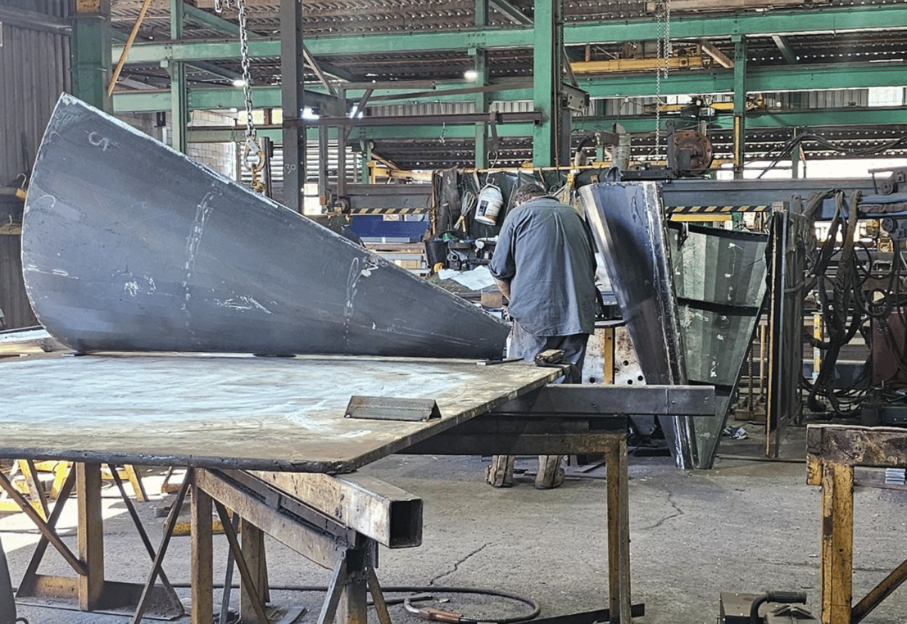 Pumpwell Formwork made from steel on fabrication floor at workshop