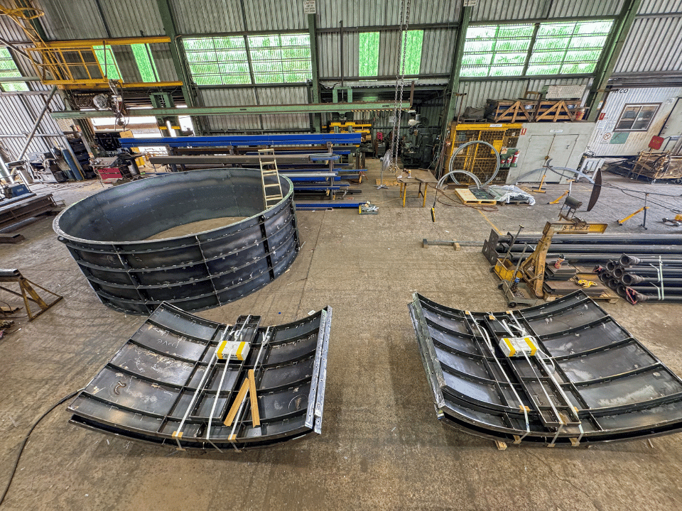 Steel formwork components fabricated for concrete moulds in workshop