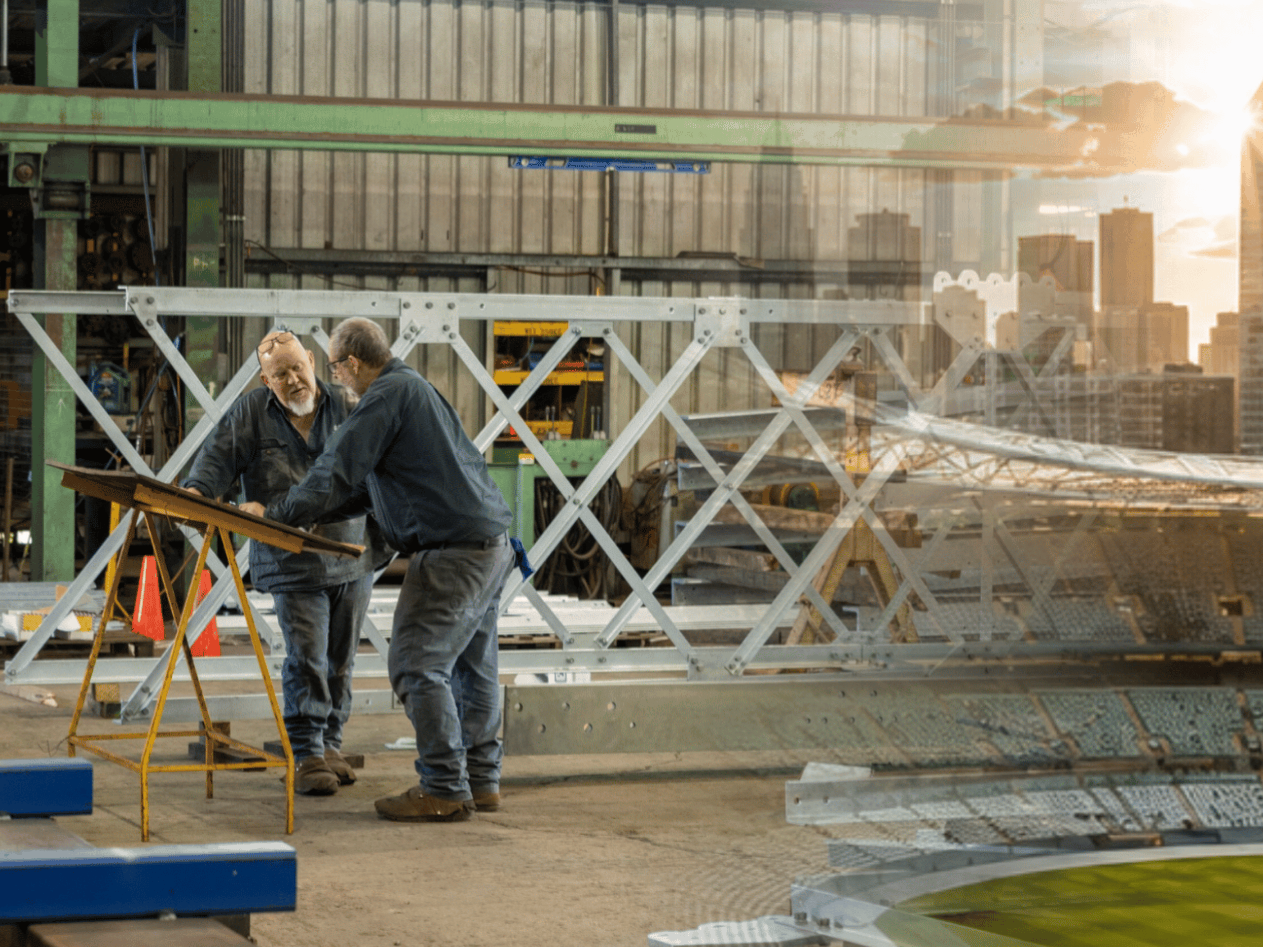 Image blend of Brisbane steel fabrication workshop and stadium for Brisbane Olympics in 2032