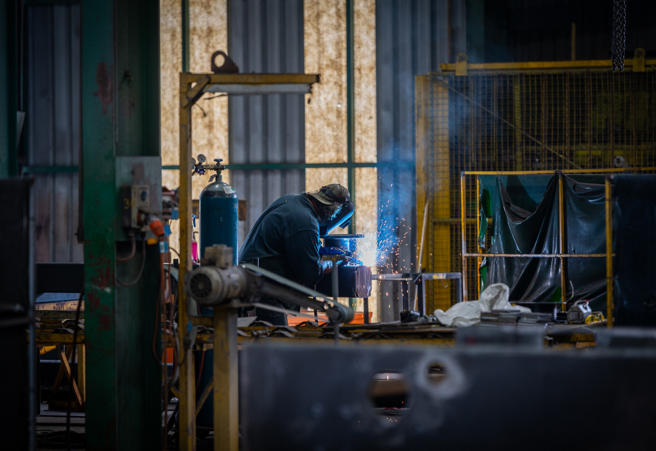 Structural steelwork welder completing fabrication work in DWW Engineering’s workshop